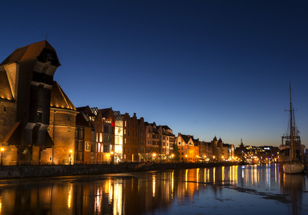 Gdansk at night 2016-07-20, beautiful night light, river, calm river, beautiful sky, Gdans old town background.のeditorial素材