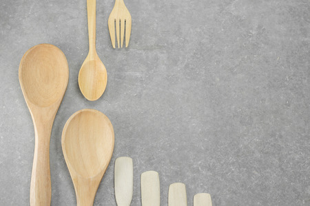 Wood spoon , fork , wood ladle that are placed on the table. equipment ofwood for the background. Space for textの写真素材