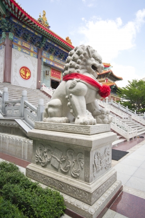 Chinese Lion Stone Sculpture in the Chinese Temple in Nonthaburi, Thailand の写真素材