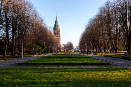 Kaliningrad, Russia - December 30, 2017: People walking near Cathedral of Immanuel Kant in Kaliningrad. Old Koenigsberg on the Kneiphof island.のeditorial素材