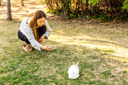 Seoul, South Korea - June 4, 2017: Young korean woman is taking mobile photo of rabbit in the park...