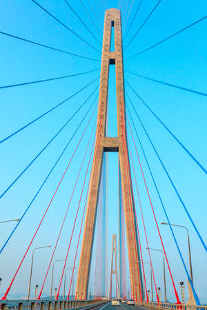 Fragment of cable-stayed bridge "Russky Bridge" to island Russkiy, Vladivostok, Primorsky Krai, Russiaの写真素材