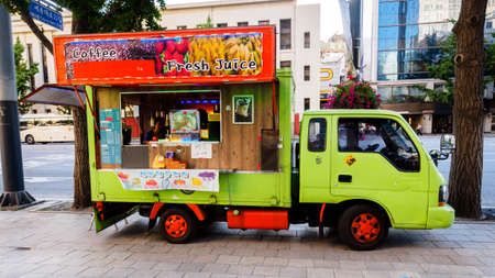 Seoul, South Korea - June 10, 2017: Food truck with fruit fresh juice at the downtown in Seoulのeditorial素材
