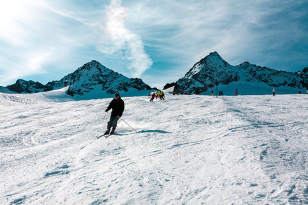 Stubai, Austria - November 1, 2011: Skiers riding on the slopes of the Stubaier Gletscher, Alps ski...
