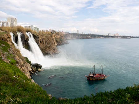 Antalya, Turkey - February 22, 2019: Old fashioned yacht near Duden waterfall in Antalya, Turkey.のeditorial素材