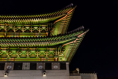 Korean traditional roof, Gyeongbokgung Palace at night, Seoul, South Korea