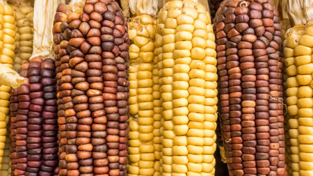Ripe corn background, corn cobs dried in the sun, organic natural vegan food.
