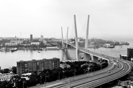 Golden Bridge in Vladivostok, Russia. Black and white image