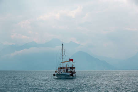 Antalya, Turkey - February 22, 2019: Turkish tourist yacht with tourists sailing in the Mediterranean sea.のeditorial素材