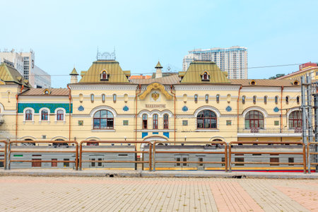 Vladivostok, Russia - July 30, 2015: Facade of Vladivostok Railroad Station. Trans-Siberian Railway.のeditorial素材