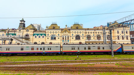 Vladivostok, Russia - July 30, 2015: Train near the Vladivostok Railroad Station, Trans-Siberian Railway.のeditorial素材