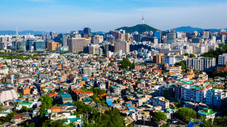 Seoul, South Korea - June 10, 2017: View of Namsan tower from the Asan Mountain, Seoul, South Korea.のeditorial素材