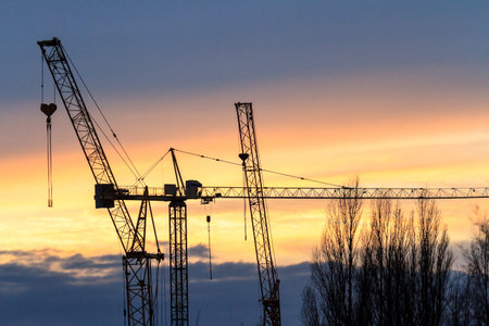 Silhouette of construction crane at sunset. Industrial background