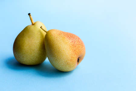 Two ripe sweet organic pears on blue background. Vegan diet fruits.の写真素材