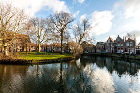 Hoorn, The Netherlands - December 11, 2009: Street near lake in small town Hoorn, The Netherlands.のeditorial素材