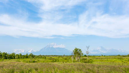 Avachinsky Volcano, Koryaksky Volcano and Kozelsky Volcano, in the morning, Kamchatka Peninsula, Russiaの写真素材
