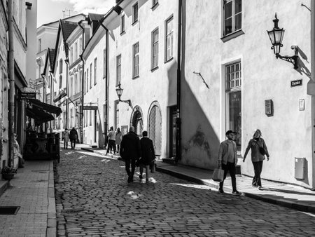 Tallinn, Estonia - May 26, 2019: People walking on downtown in Old town in Tallinn.のeditorial素材