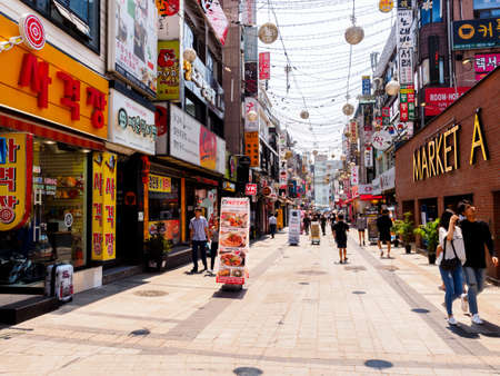 Suwon, South Korea - June 14, 2017: People walking along the main street in Suwon.のeditorial素材