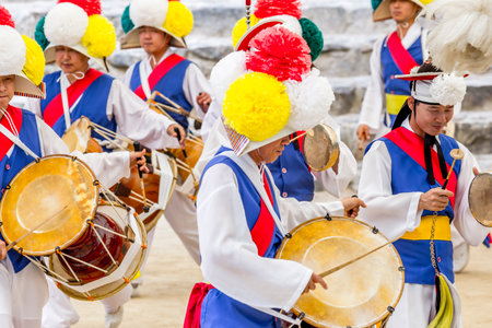 Seoul, South Korea - June 12, 2017: Sangmo dancers dancing in a Korean folk village in Korea.のeditorial素材