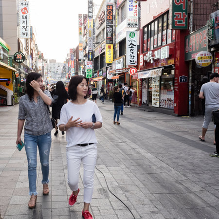 Suwon, South Korea - June 15, 2017: People walking along the main street in Suwon ..のeditorial素材