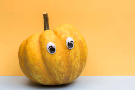 Funny overripe pumpkin with eyes on the orange background, copy spaceの写真素材