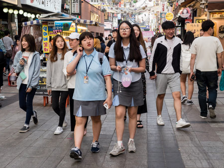 Suwon, South Korea - June 15, 2017: People walking along the main street in Suwon ..のeditorial素材