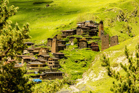 Old mountain village Dartlo, Tusheti region, Georgia. Houses built from shale stones, ancient masonry. Caucasus mountainsの写真素材