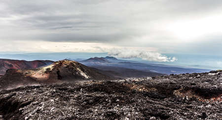 Volcanic landscape. Lava plains from layer of solid lava, Kamchatka Peninsula, Russiaの写真素材