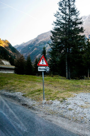 Road damage warning. Warning Sign. Austria. Europe.