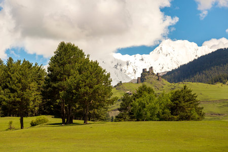 Watchtower made of shale stone. Kvemo (Upper) Omalo in Georgian Caucasus in Tusheti region