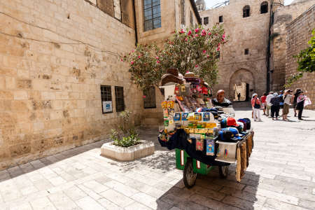 Jerusalem, Israel - September 11, 2011: Souvenir merchant with souvenir cart near Dormition Abbey churchのeditorial素材