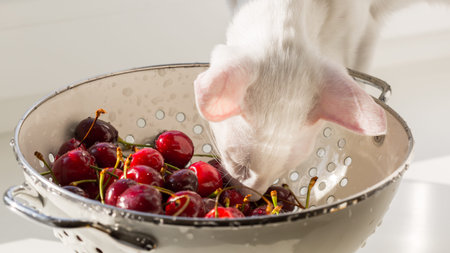 White cat eating red ripe organic sweet cherry in the white steel colander. Healthy vegan food.の写真素材