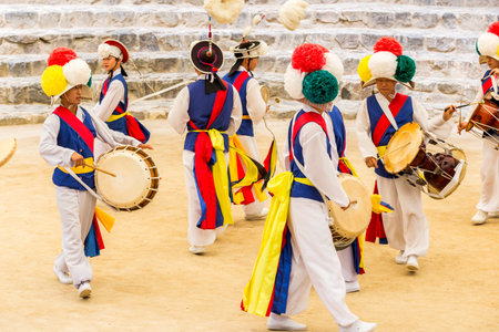 Seoul, South Korea - June 12, 2017: Sangmo dancers dancing in a Korean folk village in Korea.