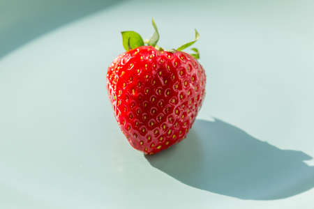 One fresh red ripe strawberry on the green plate. Healthy lifestyle concept.の写真素材