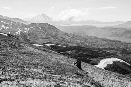 Black and white view of the Ilyinsky Volcano early in the morning, Kamchatka Peninsula, Russiaの写真素材