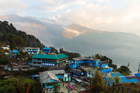 Tadapani, Nepal - November 13, 2018: Hikers in small village Tadapani, Annapurna Conservation Area, Himalaya, Nepalのeditorial素材