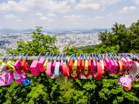 Seoul, South Korea - June 3, 2017: Colorful love padlocks, Seoul, Namsan Park.のeditorial素材
