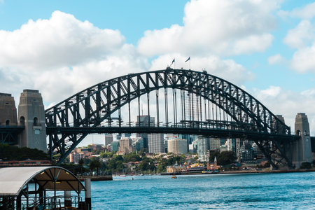 Sydney, Australia - January 12, 2009: View of Sydney Promenade. Harbor Bridge is seen across the water of Sydney Harbor.のeditorial素材