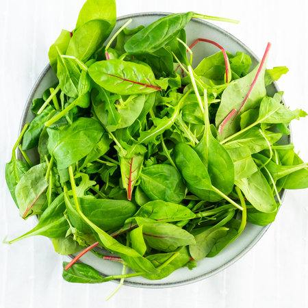 Fresh green salad leaves from arugula, spinach and beet leaves on the plateの写真素材