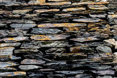 Wall built from shale stones, ancient masonry. Village Dartlo Tusheti region, Georgia.の写真素材