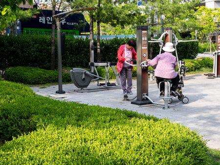 Seoul, South Korea - June 8, 2017: Older korean women doing physical exercise on the sports public...