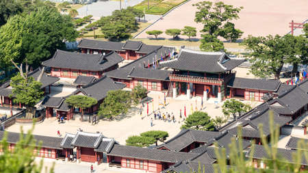 Suwon, South Korea - June 14, 2017 : Tourists visiting Hwaseong Haenggung Palace in the center of Hwaseong fortress, aerial viewのeditorial素材