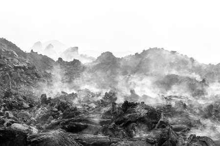 Black and white volcanic landscape near Volcano Tolbachik in the overcast weather. Kamchatka Peninsula, Russiaの写真素材