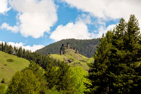 Watchtower made of shale stone. Kvemo (Upper) Omalo in Georgian Caucasus in Tusheti region
