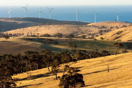 Rural landscape with wind farms near Great Ocean Road, Australia