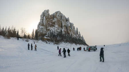 Yakutia, Russia - 21 February, 2021: People walking near Lena Pillars in winter on the bank of the Lena River Yakutia, Russiaのeditorial素材