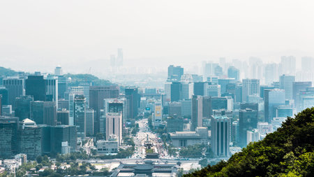Seoul, South Korea - June 23, 2017: View of Gyeongbokgung Palace and Gwanghwamun Square from the...