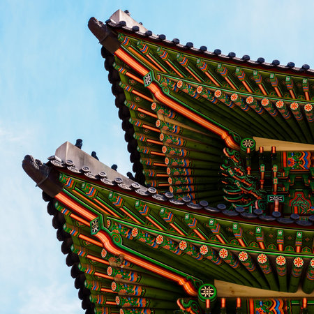 Fragment of korean traditional roof. Gyeongbokgung Palace. Seoul, South Korea
