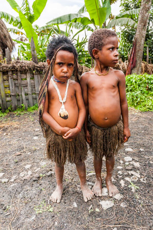 Wamena, Indonesia - January 9, 2010: Dani tribe children standing nea straw houses. Baliem Valley in Indonesia, Papua New Guinea.のeditorial素材