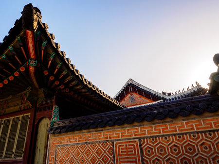 Roofs in Korea, traditional Korean architecture. Gyeongbokgung Palace, Seoul, South Korea.のeditorial素材